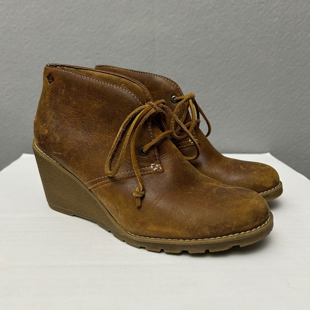 Sperry Leather Wedge Harlow Bootie Women's 8 Cognac Dressy Casual Boho Earthy